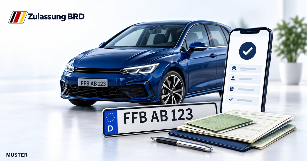 Online Fahrzeugzulassung in Olching: Musterkennzeichen FFB AB 123, Auto und Fahrzeugpapiere und Smartphone. Illustration mit Logo von Zulassung BRD.